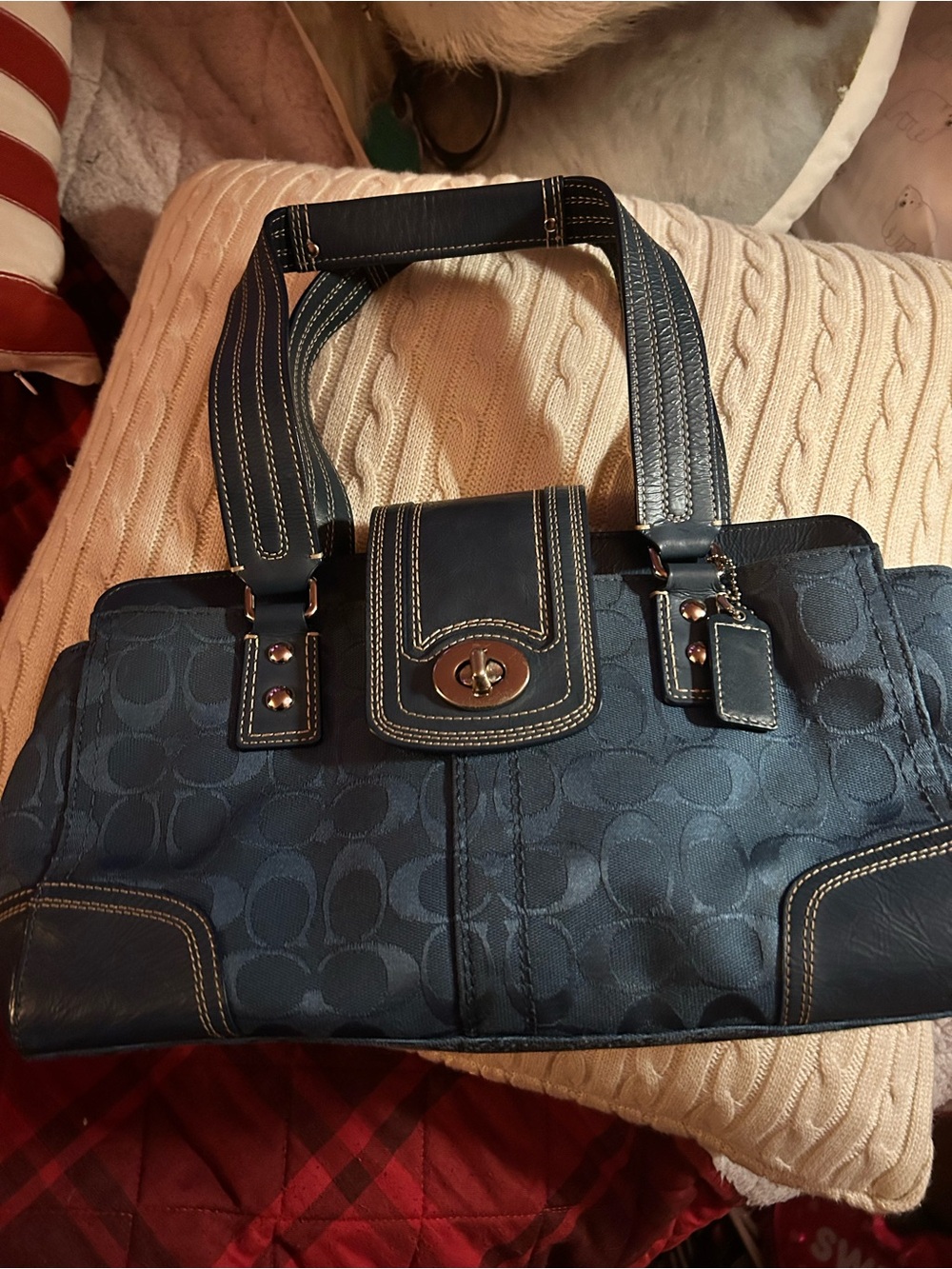 Coach Hamptons F13975 Teal Signature Jacquard Leather-Trim Satchel Excellent